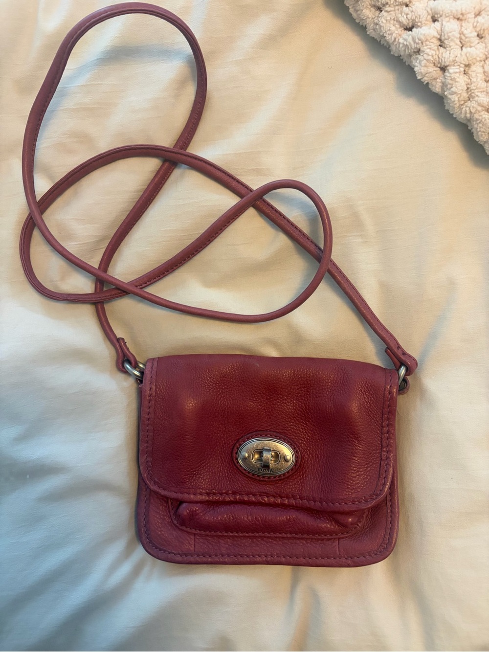 Fossil Burgundy Pebbled Leather Crossbody with Turn-Lock